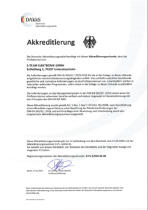 Erste Seite der Akkreditierungsurkunde für EMV-Messlabor, S-Team Elektronik GmbH